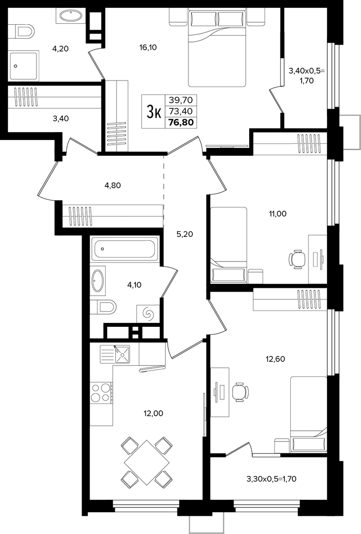 3-комнатная 76.8 м² на 12 этаже Корпуса Литер 5