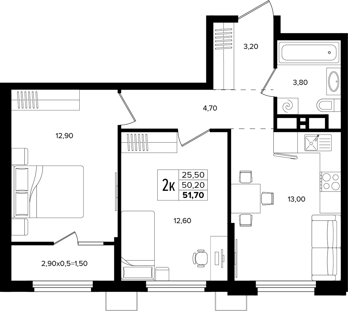 2-комнатная 51.7 м² на 3 этаже Корпуса Литер 5
