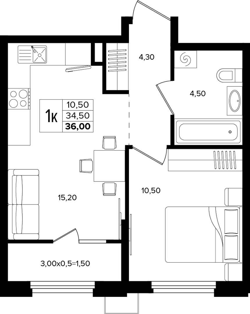 1-комнатная 36 м² на 2 этаже Корпуса Литер 5