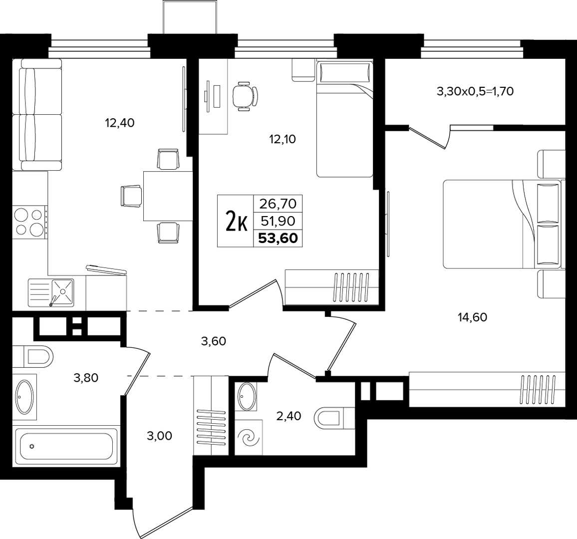 2-комнатная 53.6 м² на 7 этаже Корпуса Литер 5