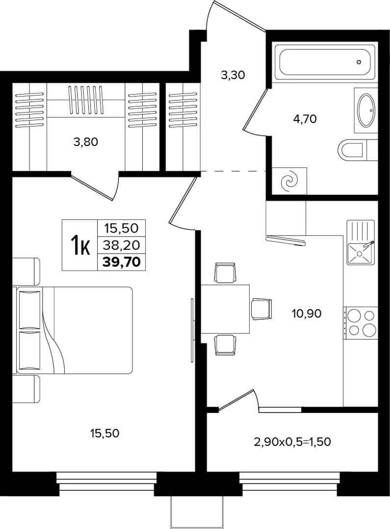 1-комнатная 39.7 м² на 2 этаже Корпуса Литер 1