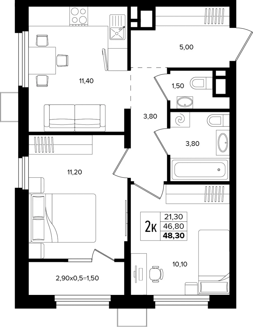 2-комнатная 48.3 на 7 этаже, корпус Литер 1