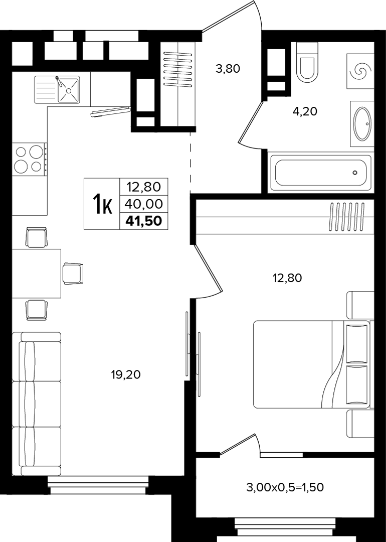 1-комнатная 41.5 м² на 5 этаже Корпуса Литер 2