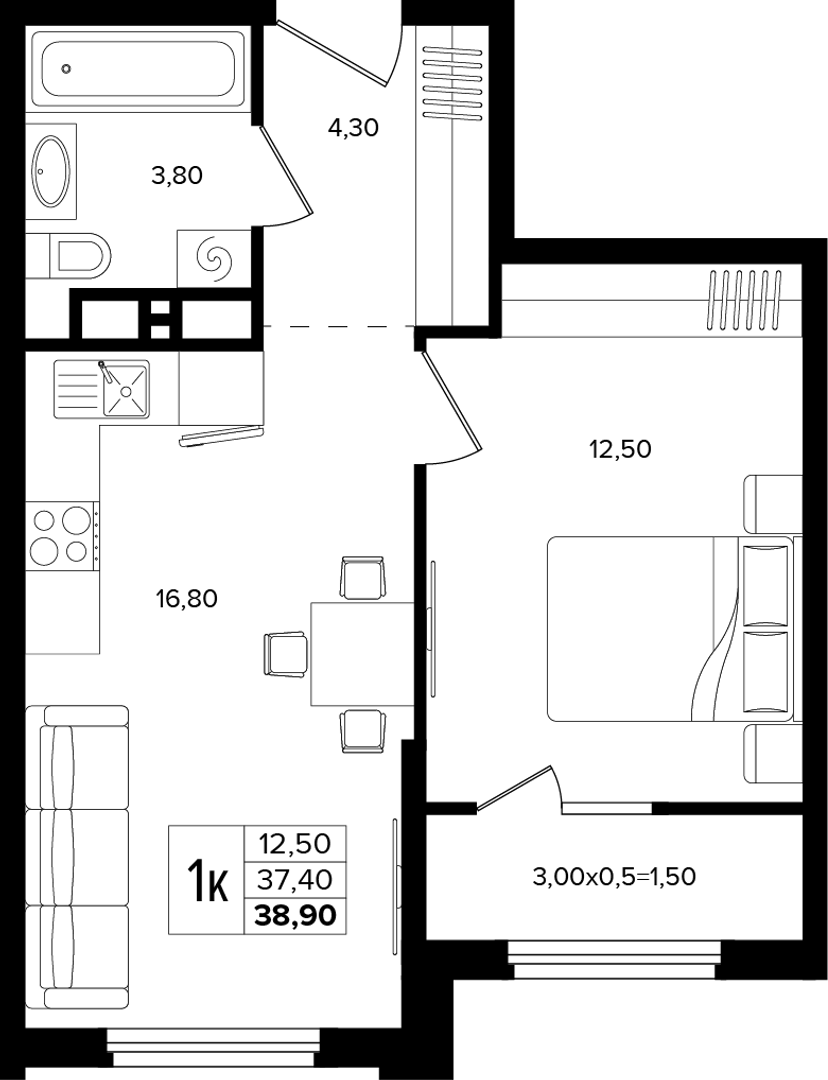 1-комнатная 38.9 м² на 5 этаже Корпуса Литер 2
