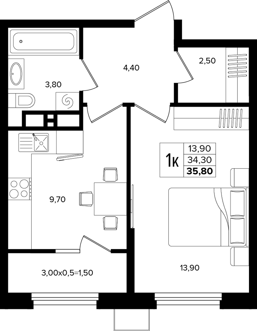 1-комн квартира 35.8м²