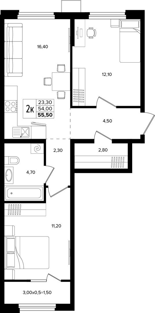 2-комн квартира 55.5м²