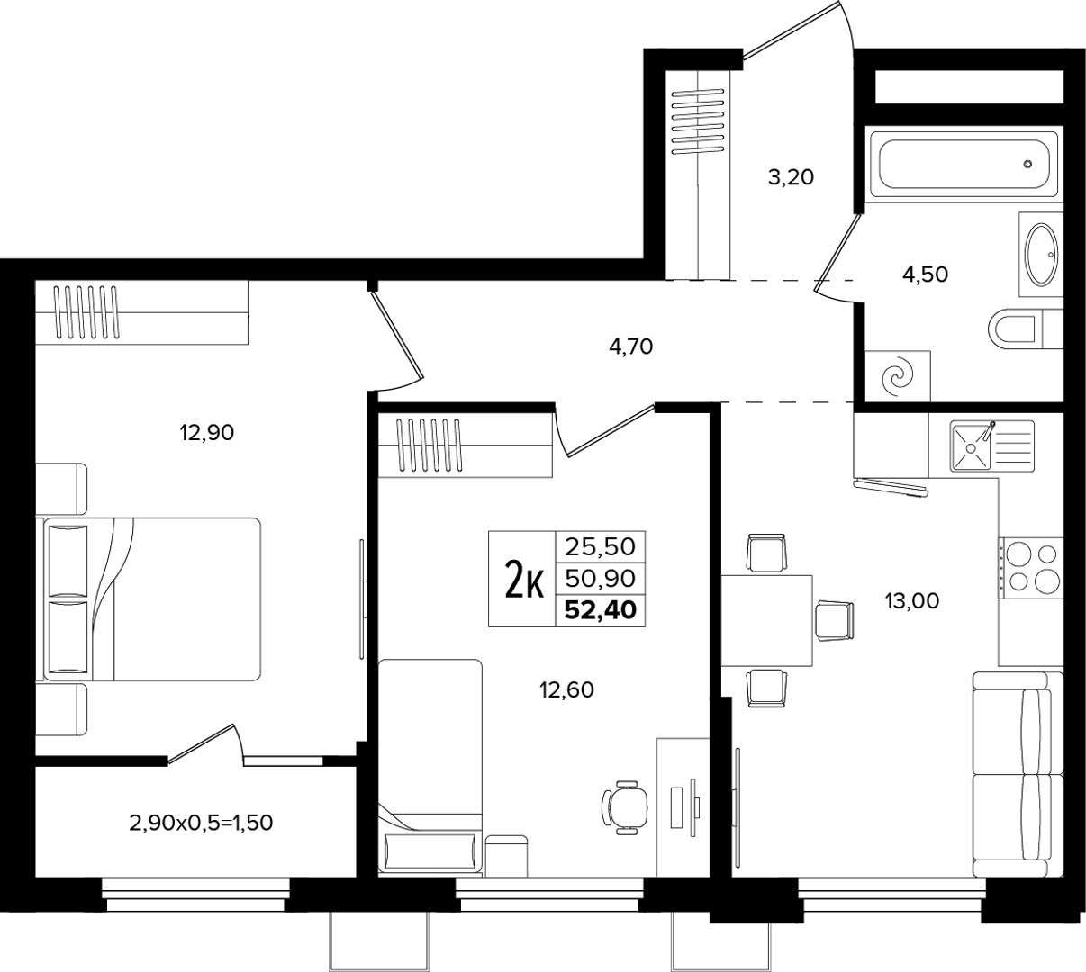 2-комнатная 52.4 м² на 2 этаже Корпуса Литер 5