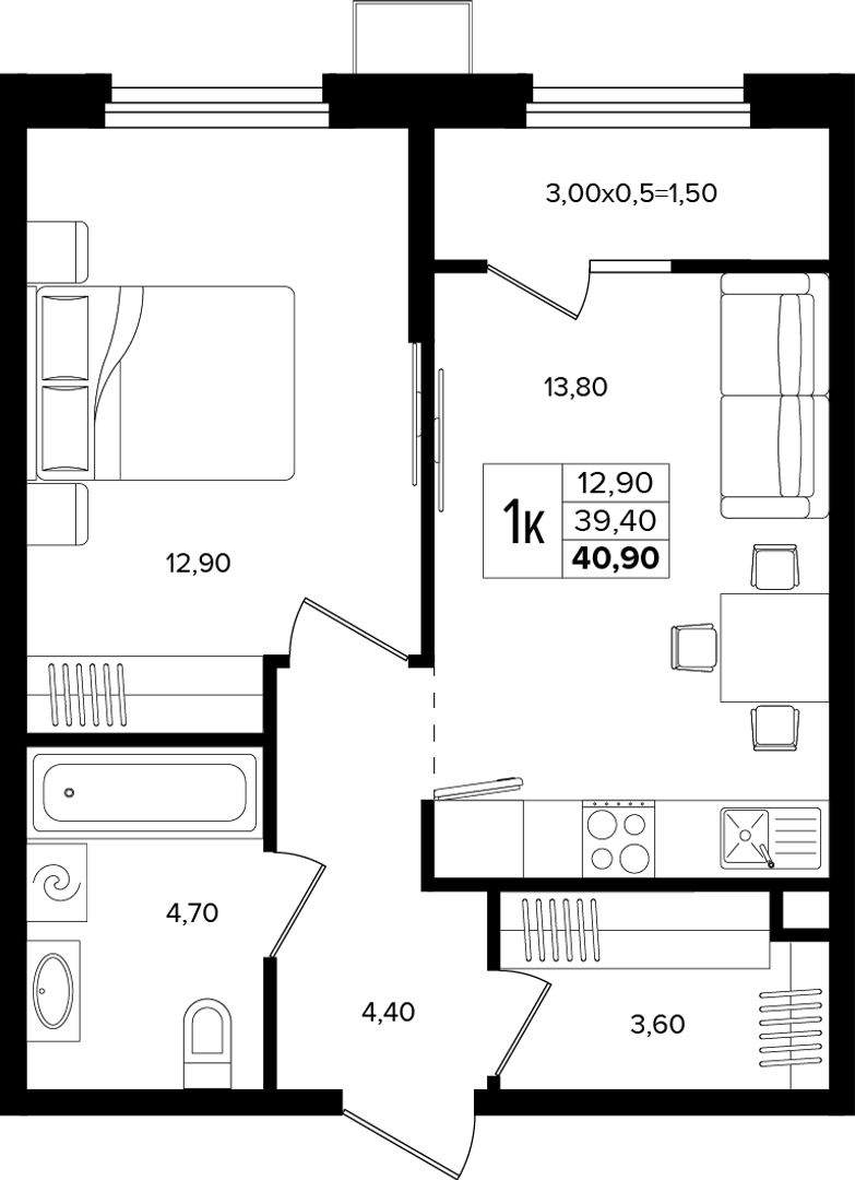 1-комнатная 40.9 м² на 2 этаже Корпуса Литер 5