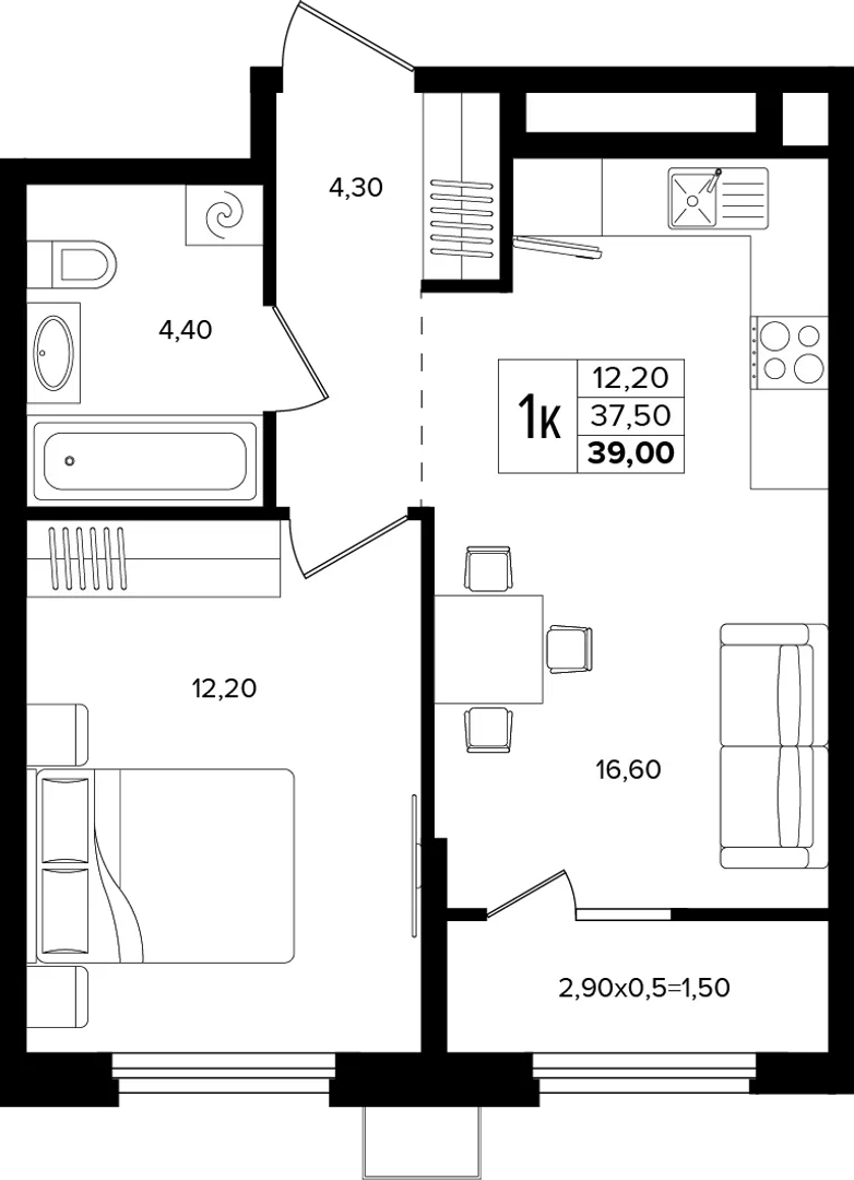 1-комнатная 39 м² на 2 этаже Корпуса Литер 1