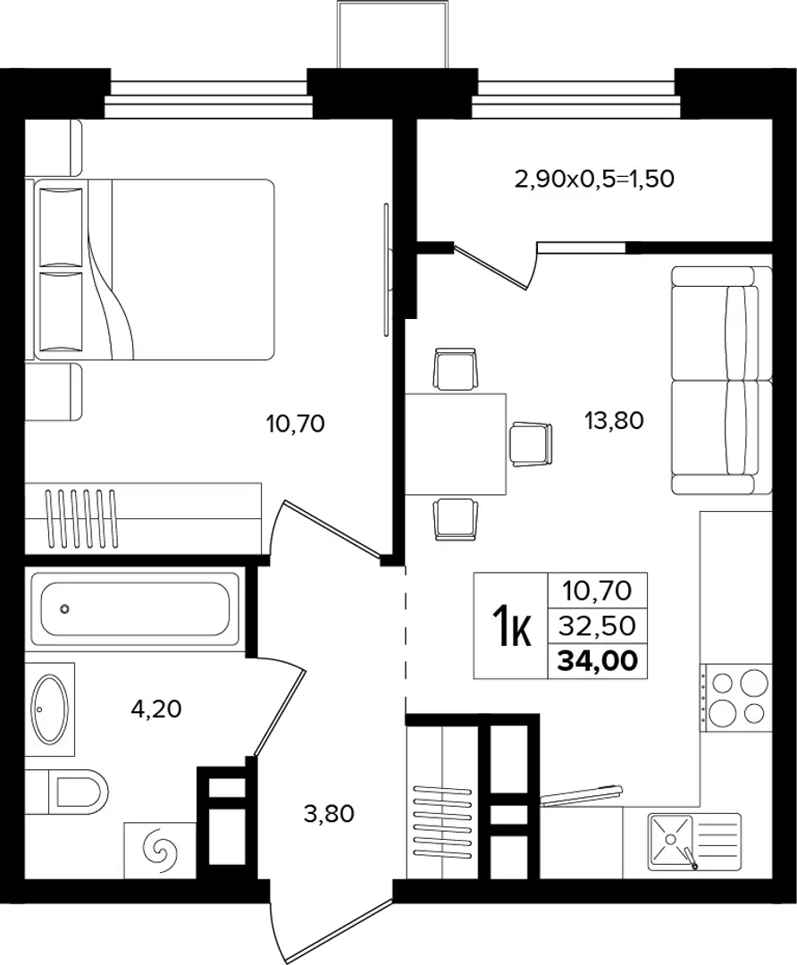 1-комнатная 34 м² на 13 этаже Корпуса Литер 1