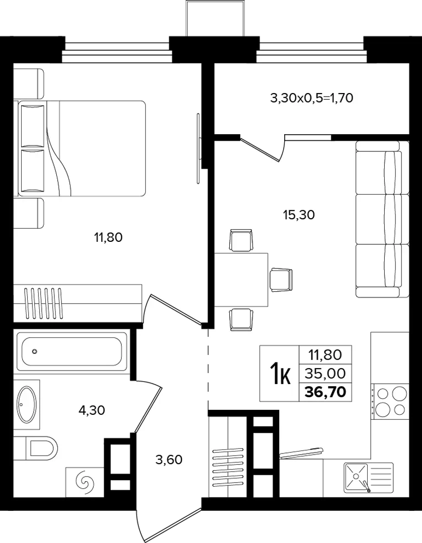 1-комнатная 36.7 м² на 4 этаже Корпуса Литер 1