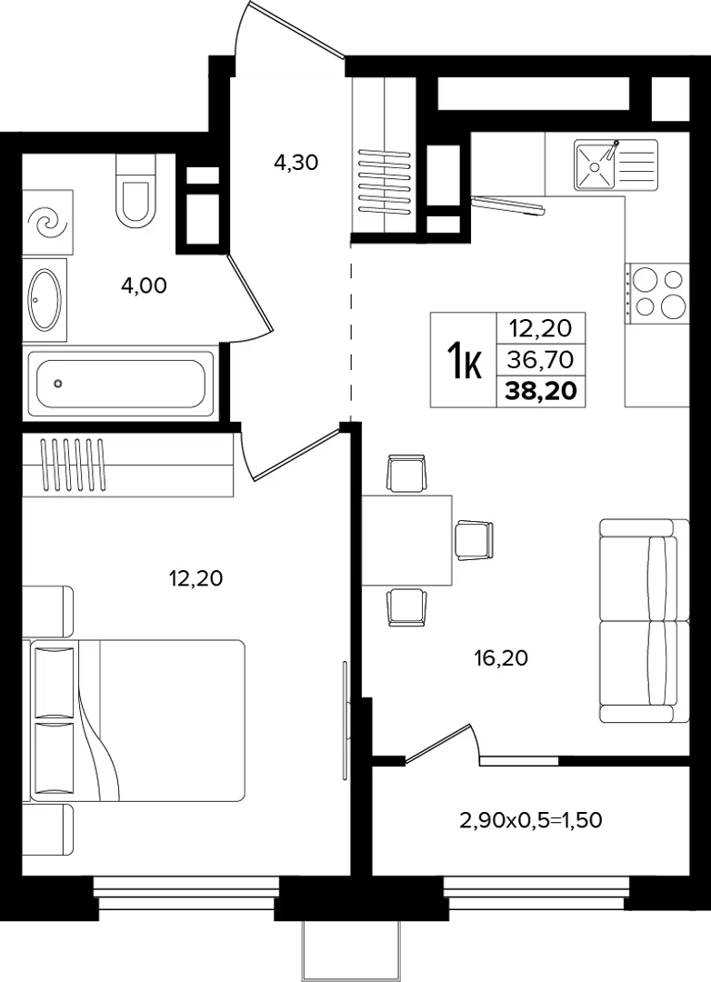 1-комнатная 38.2 м² на 3 этаже Корпуса Литер 1