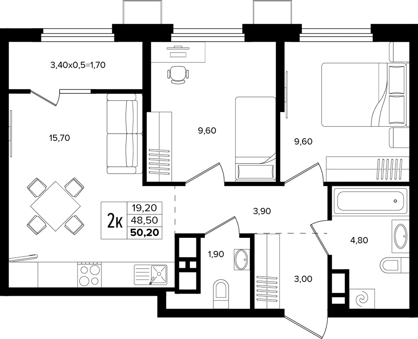 2-комнатная 50.2 м² на 10 этаже Корпуса Литер 1