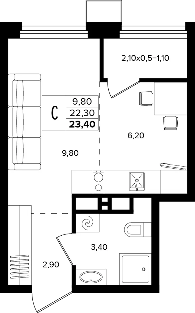 Студия 23.4 м² на 3 этаже Корпуса Литер 1