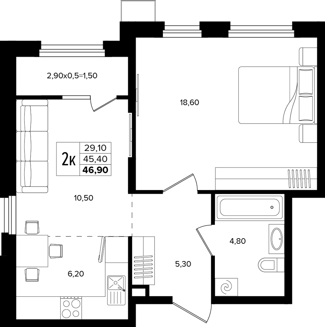 2-комнатная 46.9 м² на 2 этаже Корпуса Литер 2