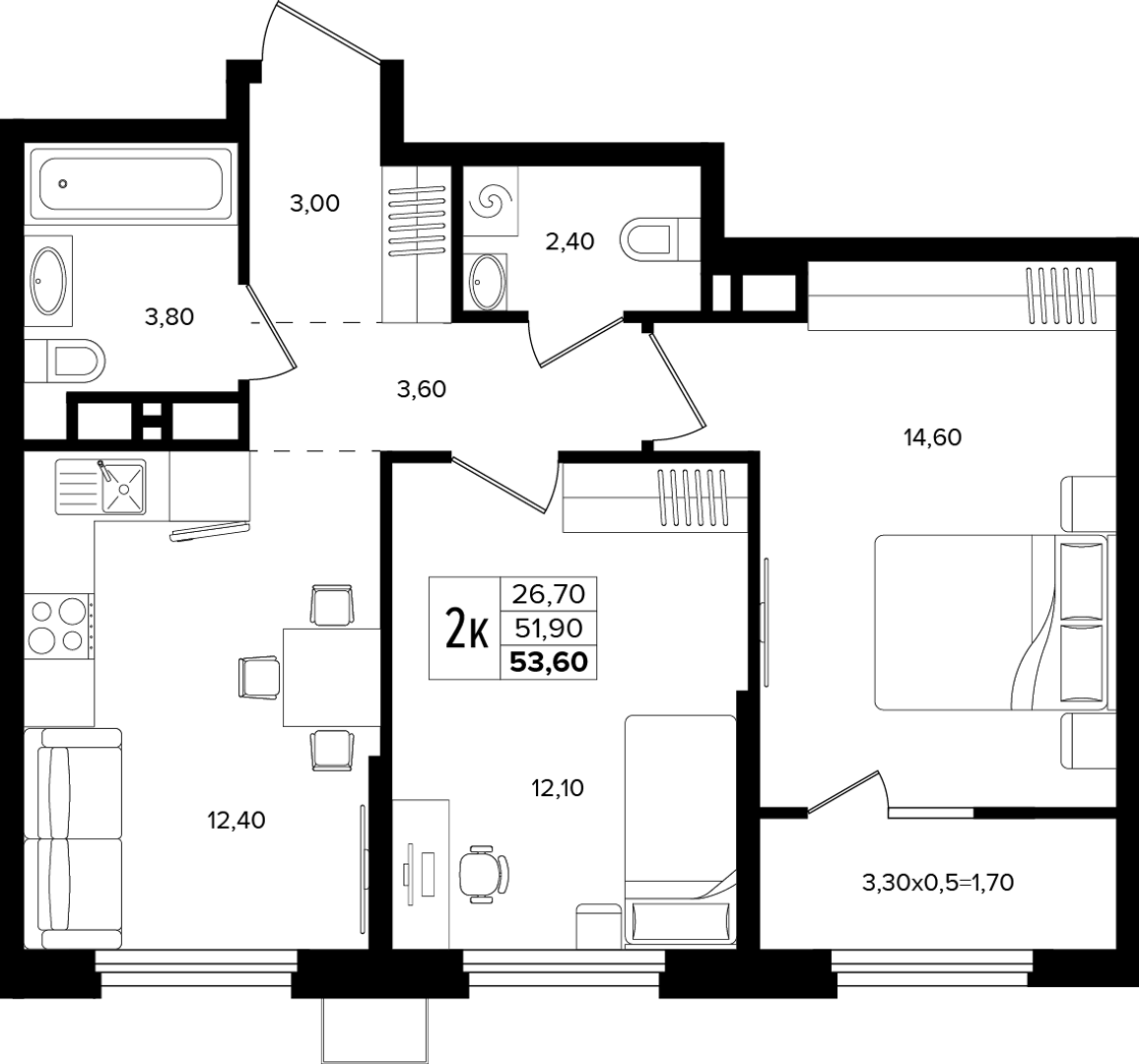 2-комнатная 53.6 м² на 7 этаже Корпуса Литер 2