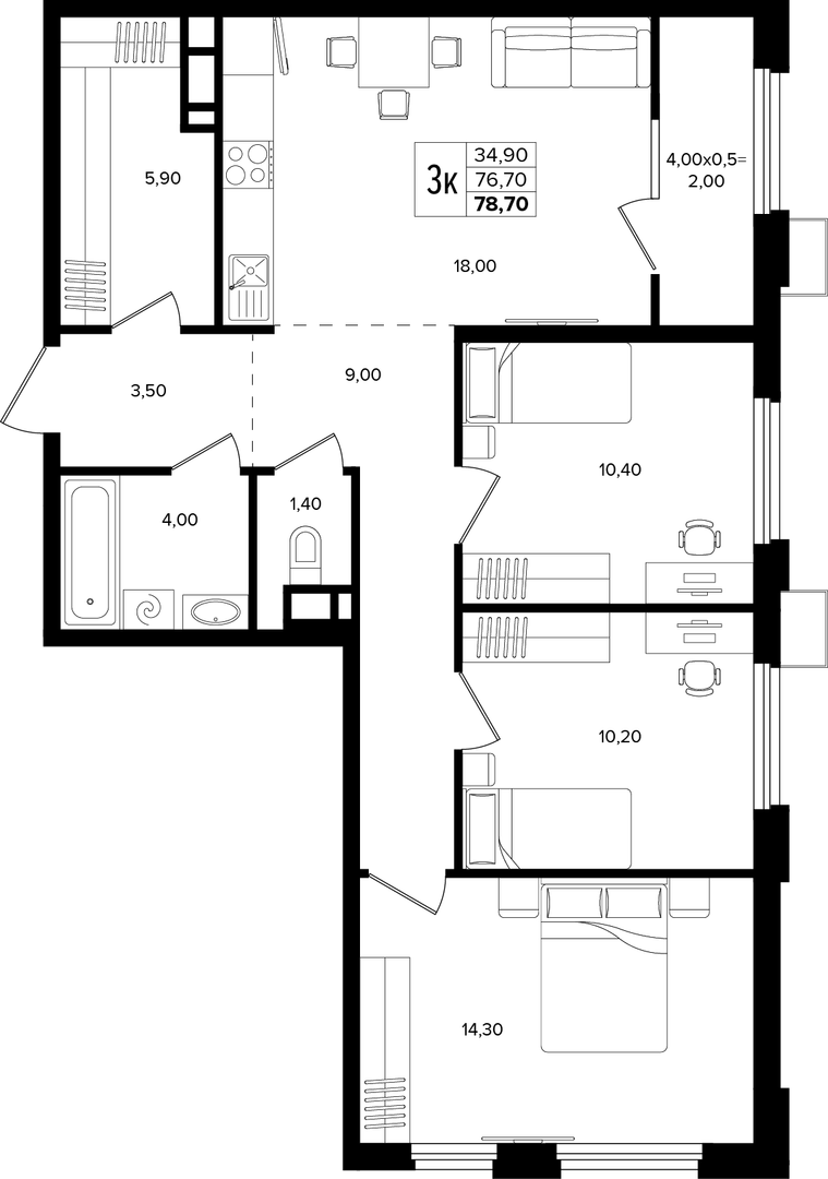 3-комнатная 78.7 м² на 11 этаже Корпуса Литер 2