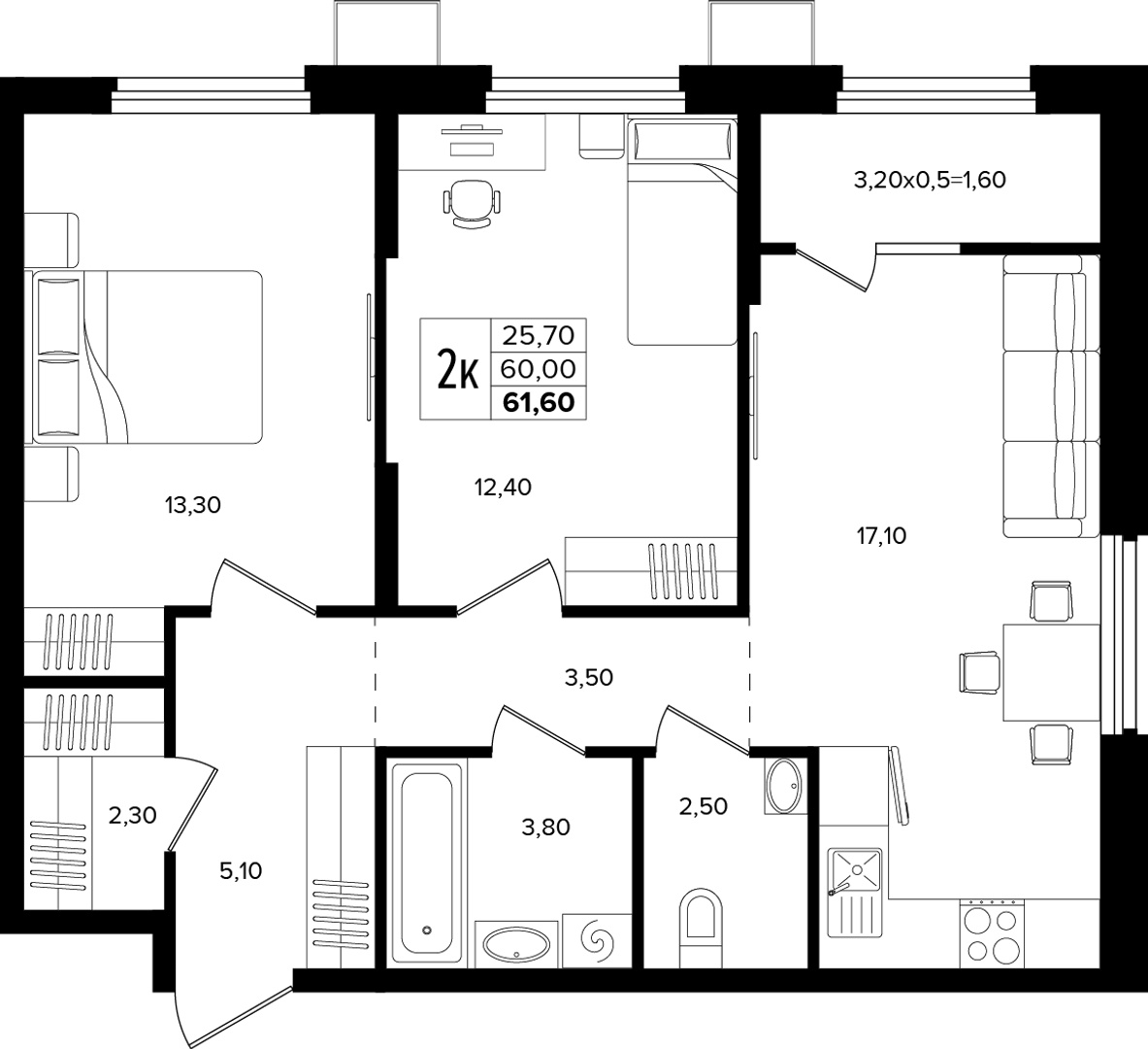 2-комнатная 61.6 м² на 2 этаже Корпуса Литер 3