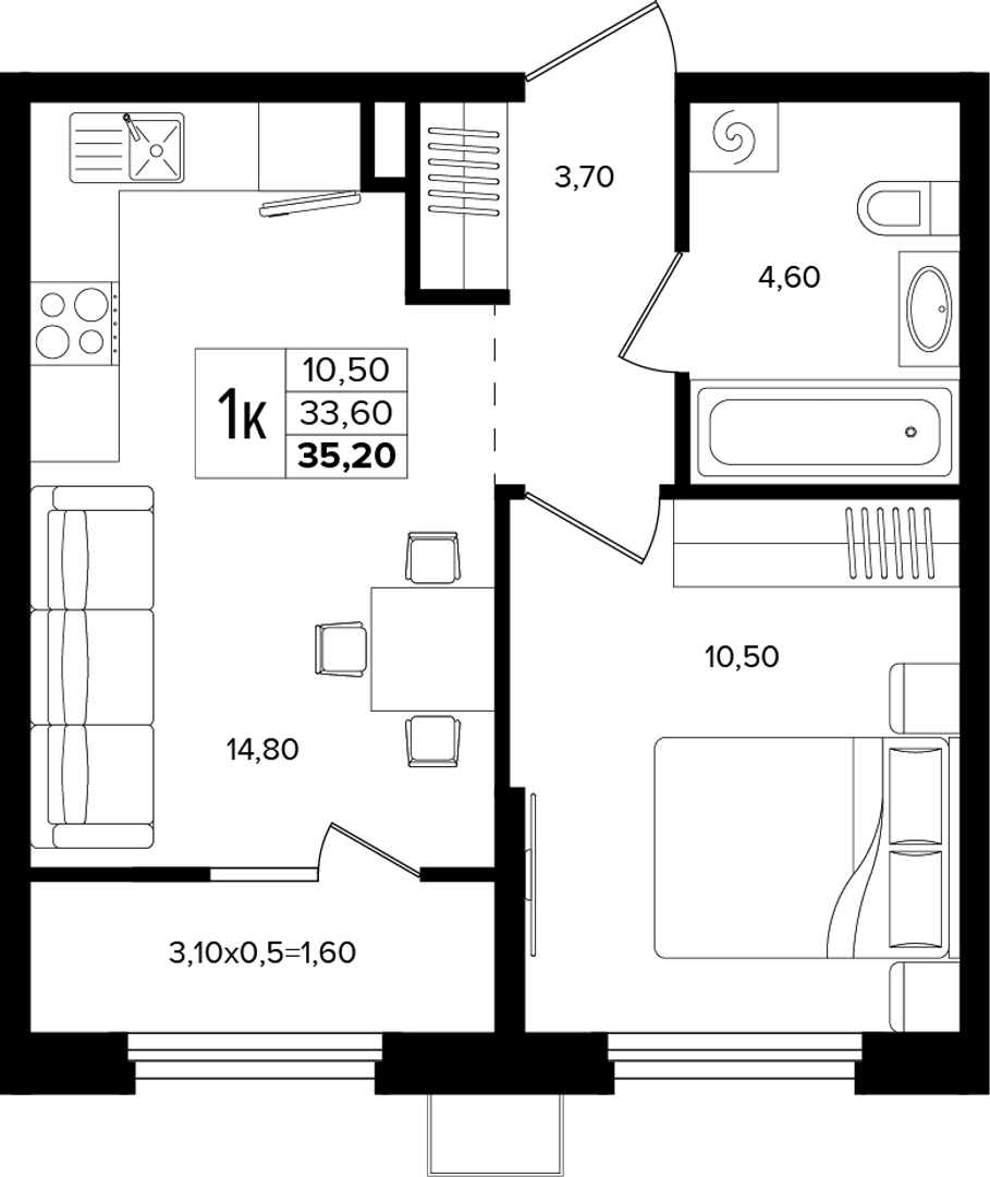 1-комнатная 35.2 м² на 2 этаже Корпуса Литер 3