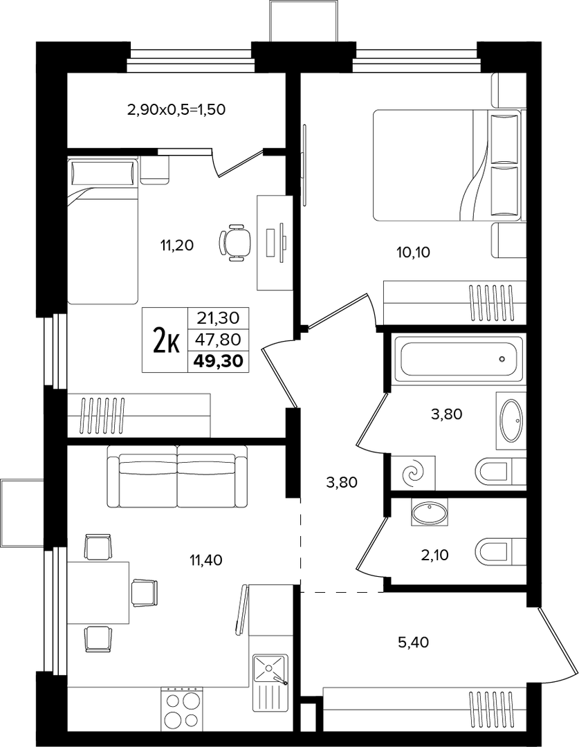 2-комнатная 49.3 м² на 2 этаже Корпуса Литер 3