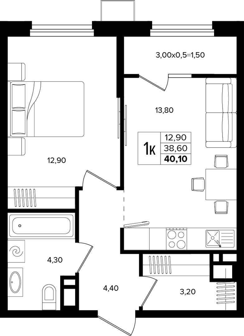 1-комнатная 40.1 м² на 10 этаже Корпуса Литер 5