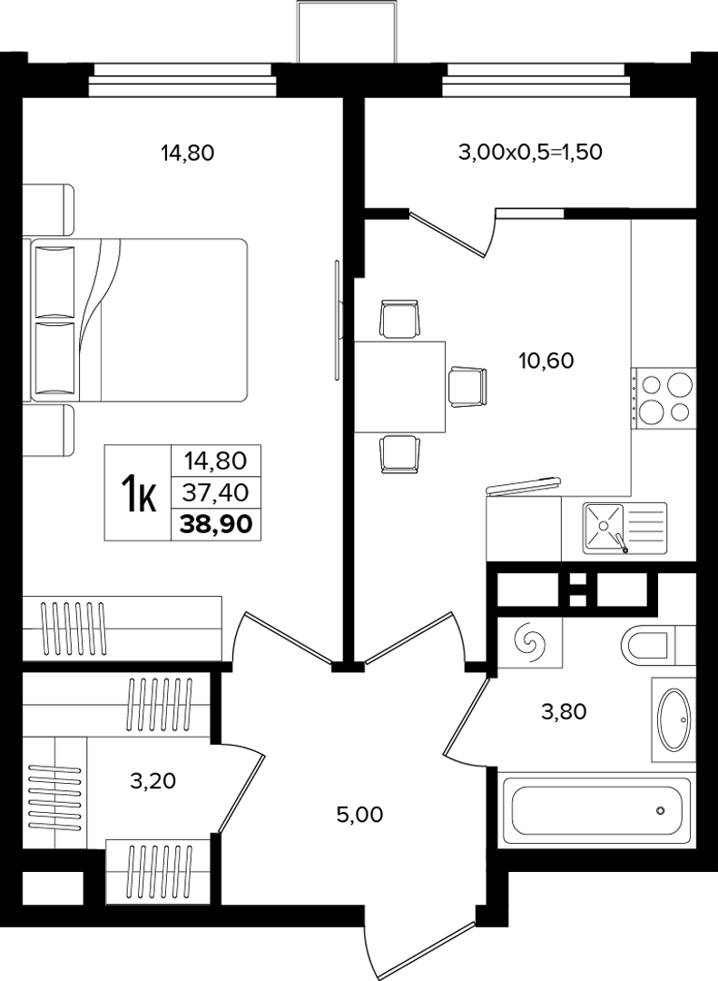 1-комн квартира 38.9м²