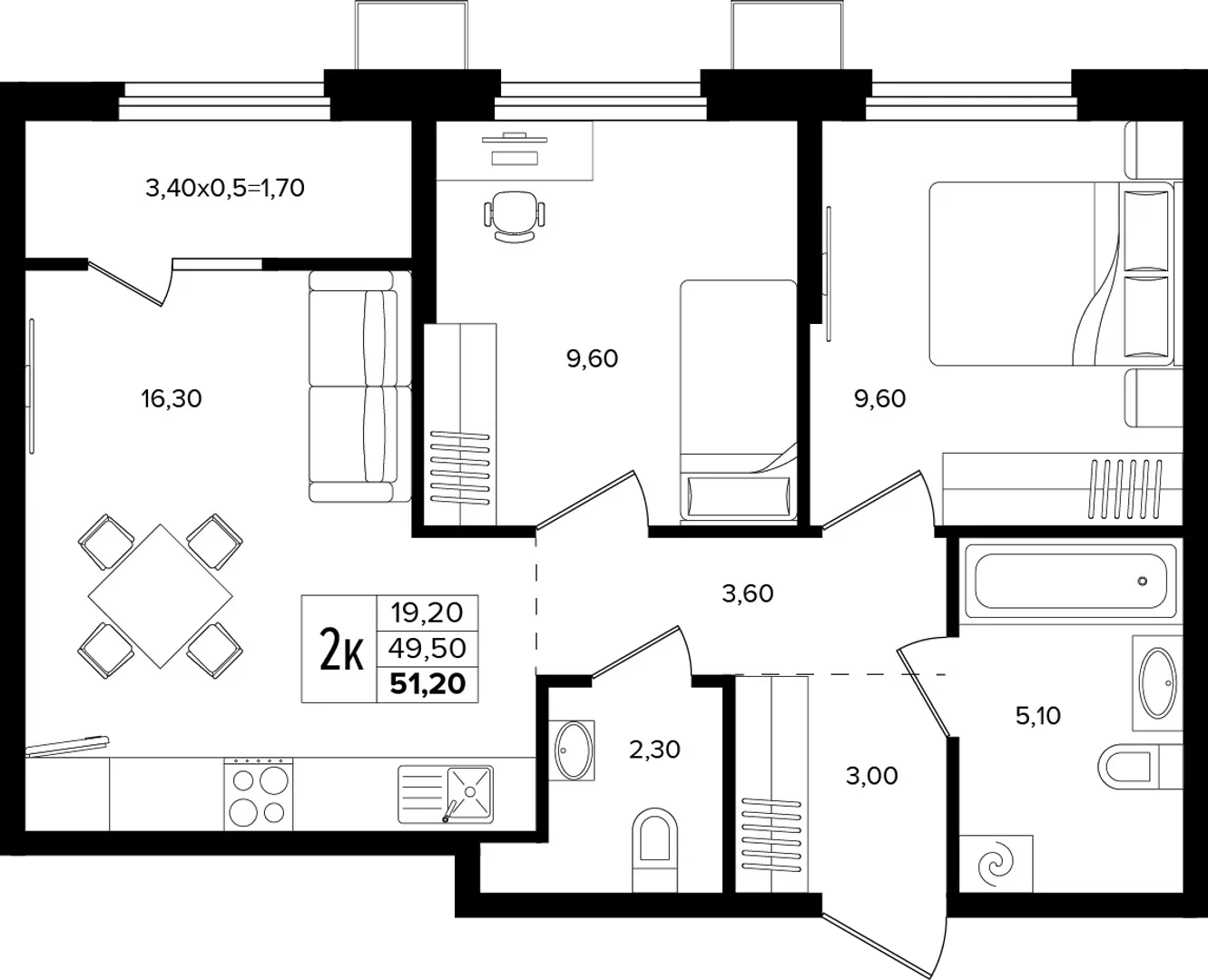 2-комнатная 51.2 м² на 2 этаже Корпуса Литер 1