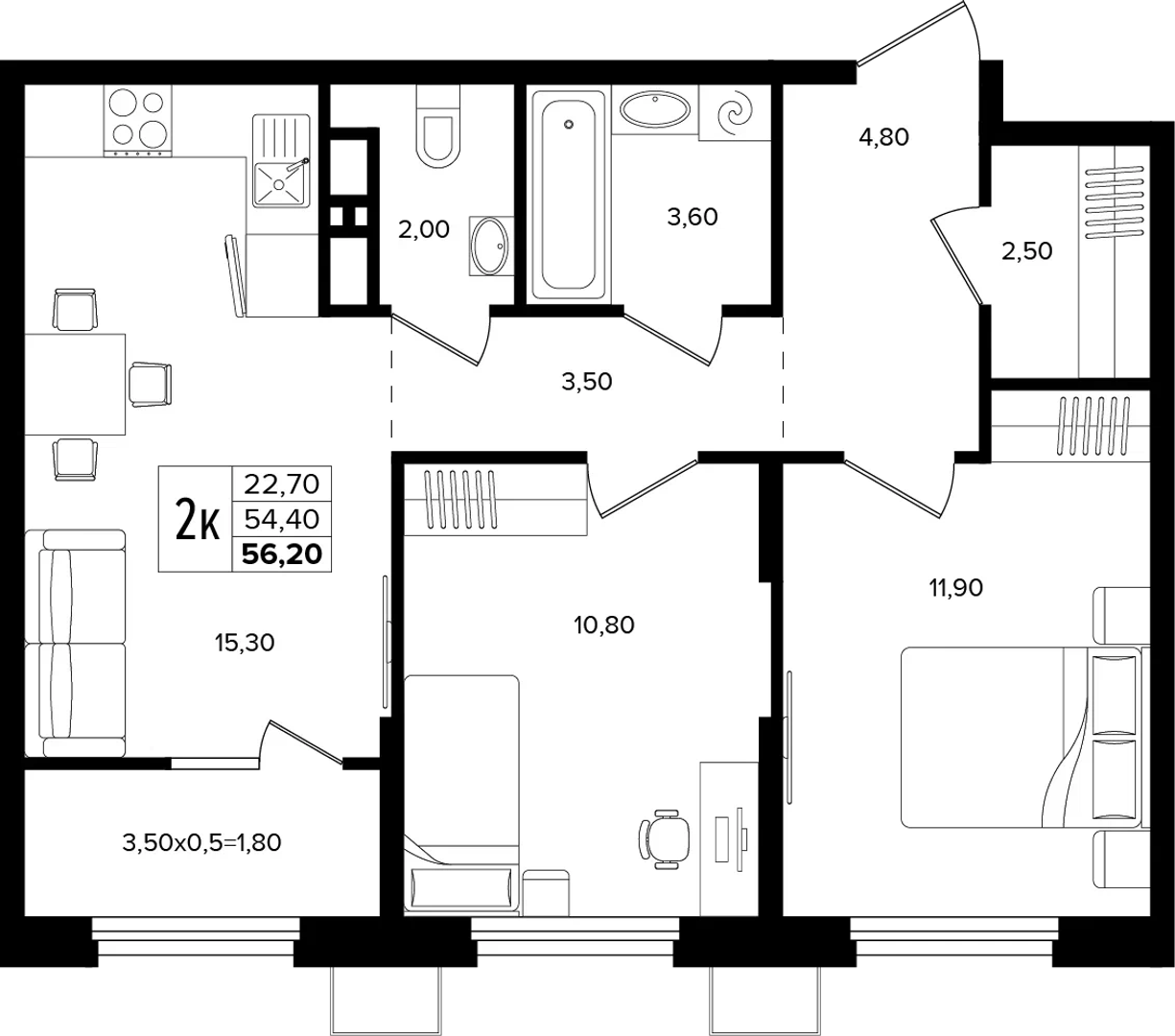 2-комнатная 56.2 м² на 15 этаже Корпуса Литер 1