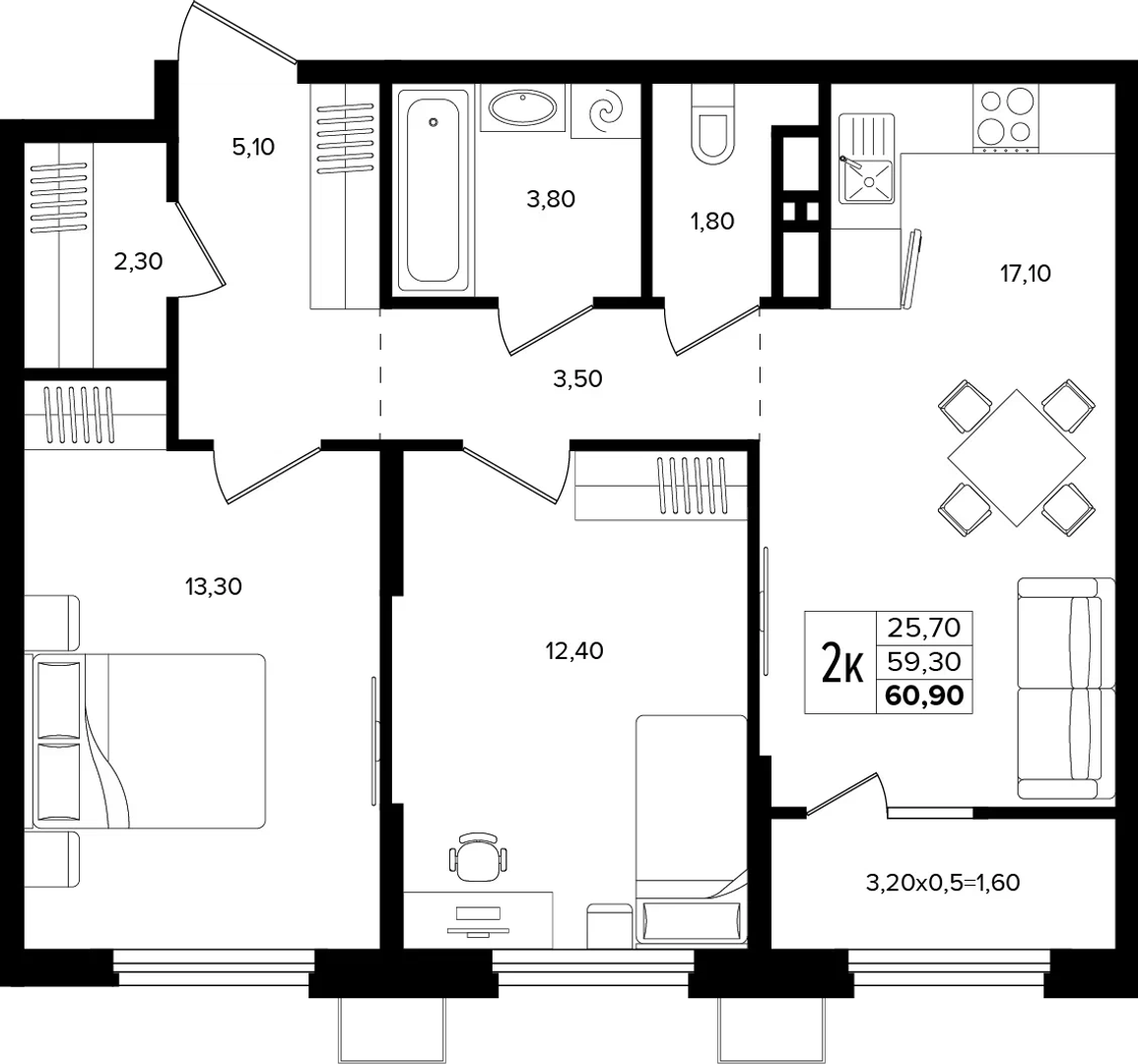 2-комнатная 60.9 м² на 5 этаже Корпуса Литер 1