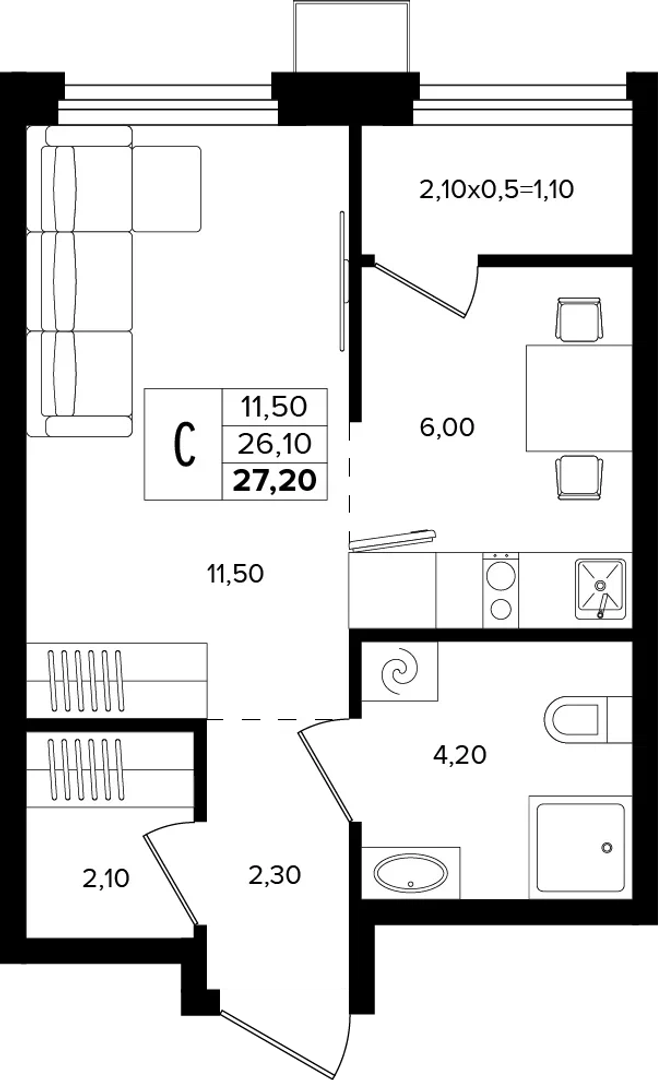 Студия 27.2 м² на 2 этаже Корпуса Литер 1