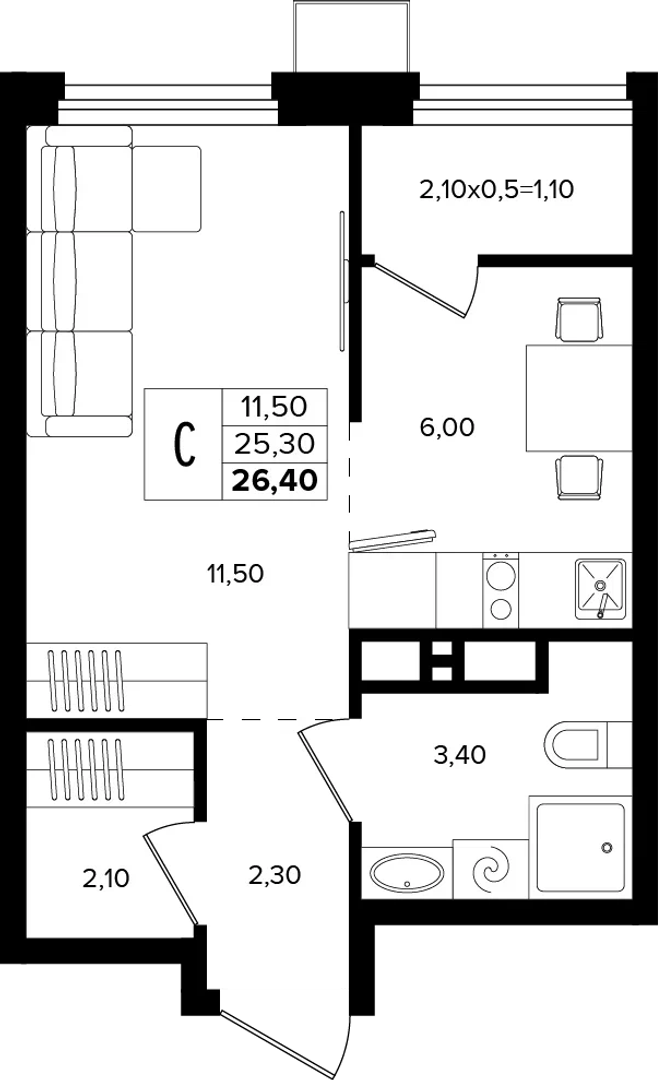 Студия 26.4 м² на 12 этаже Корпуса Литер 1