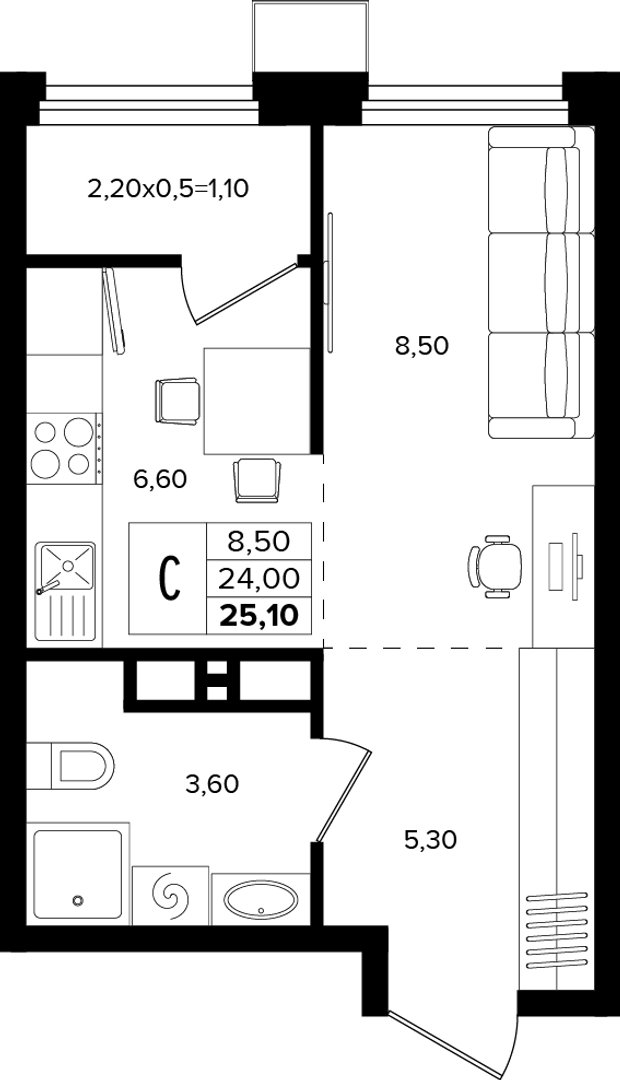 Студия 25.1 м² на 14 этаже Корпуса Литер 2