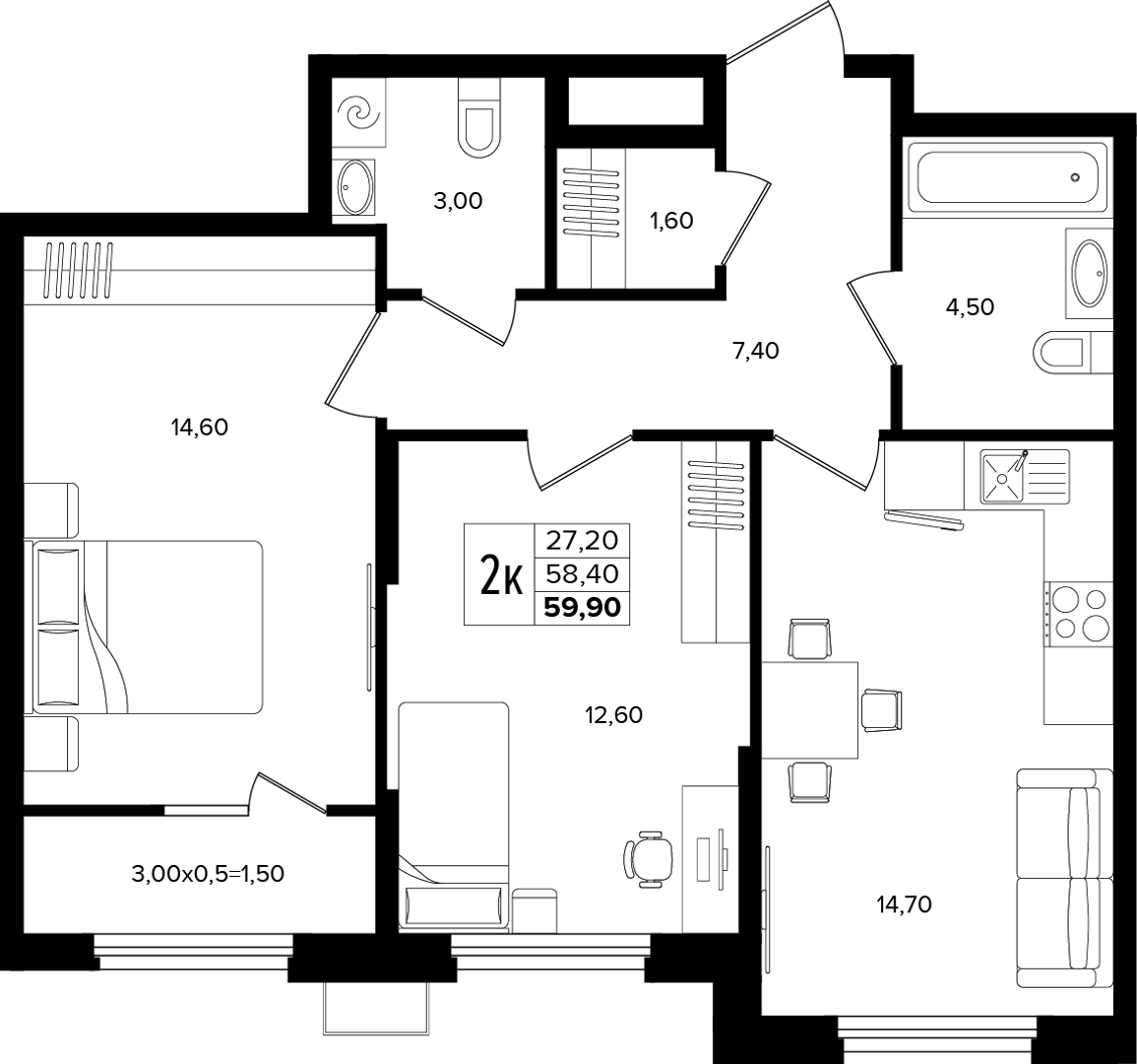 2-комнатная 59.9 м² на 2 этаже Корпуса Литер 2