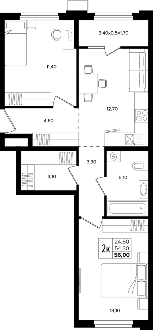 2-комнатная 56 м² на 2 этаже Корпуса Литер 2