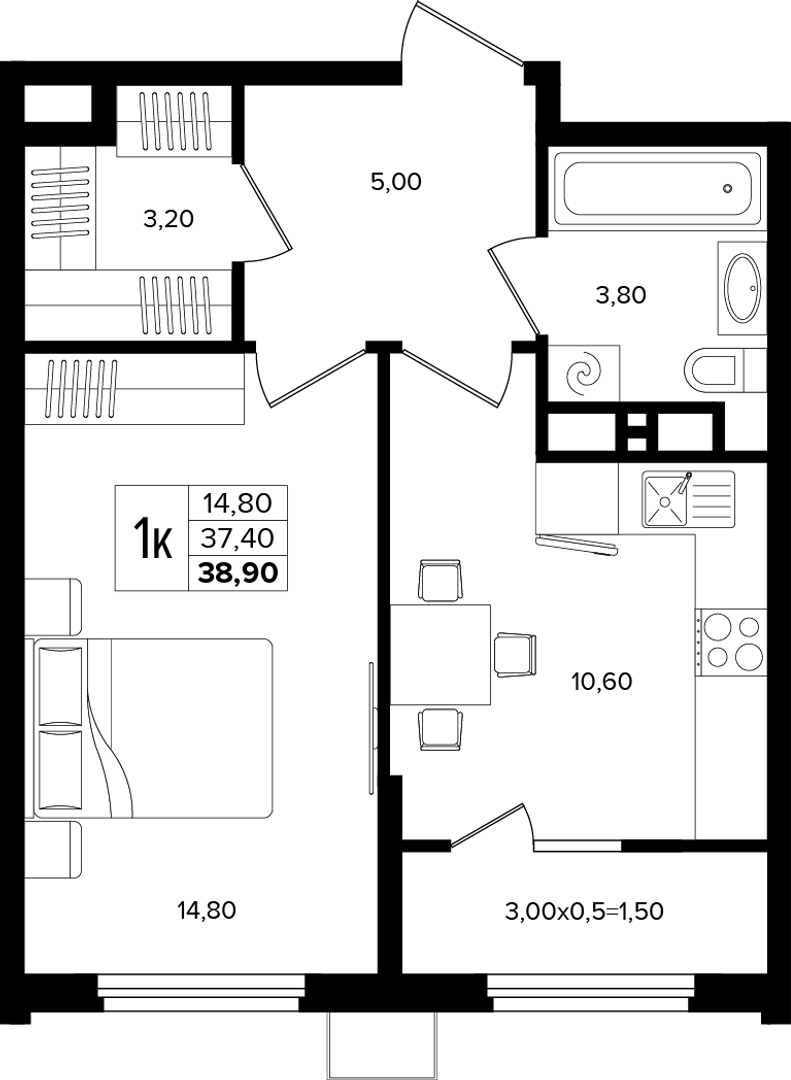 1-комнатная 38.9 м² на 5 этаже Корпуса Литер 2