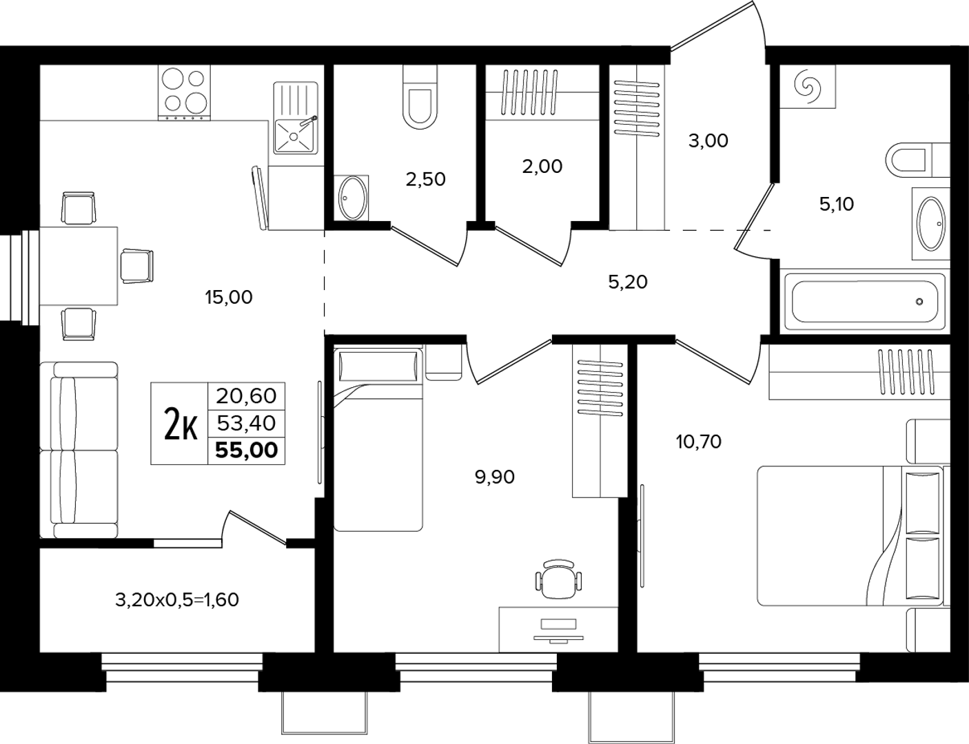 2-комнатная 55 м² на 2 этаже Корпуса Литер 3