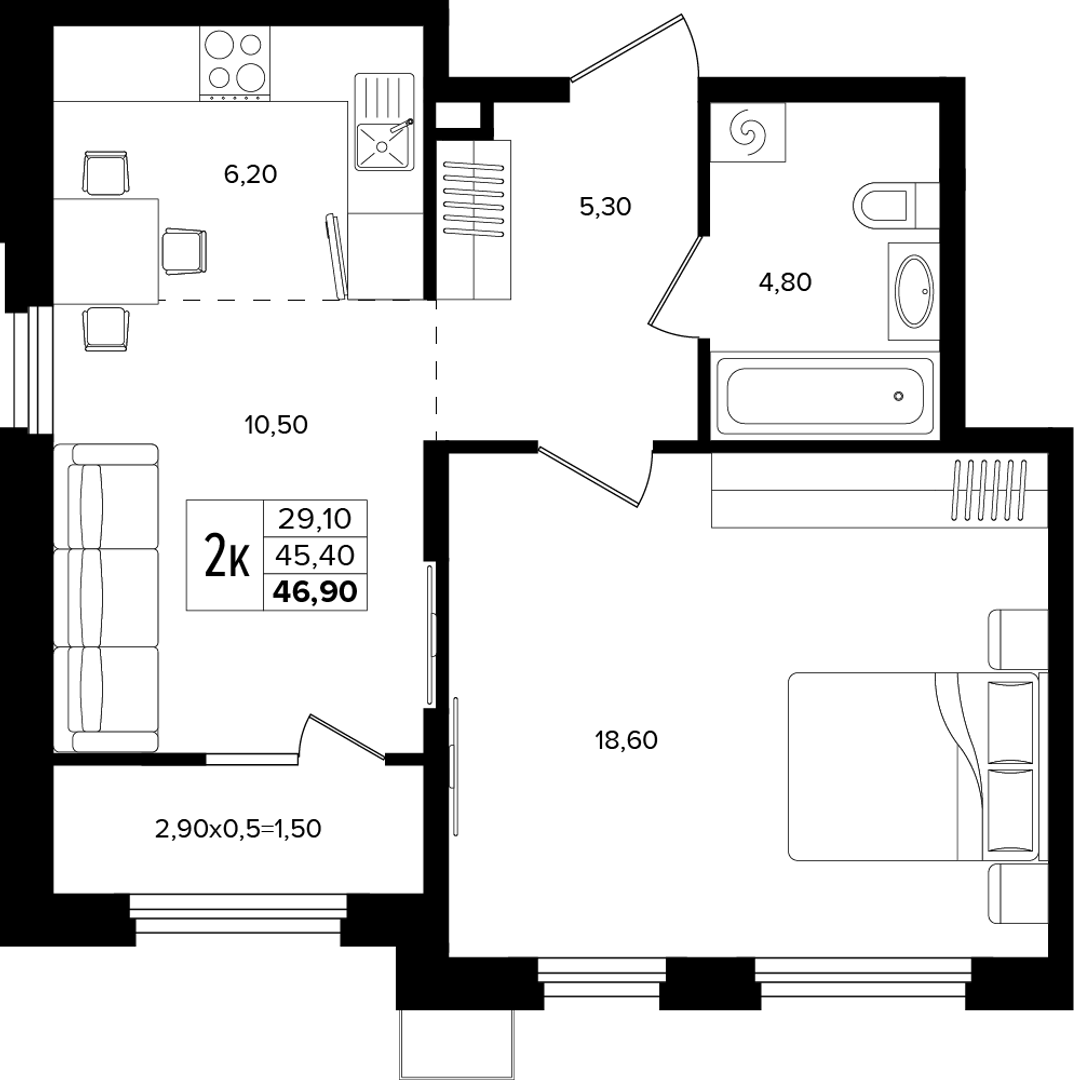 2-комнатная 46.9 м² на 2 этаже Корпуса Литер 5