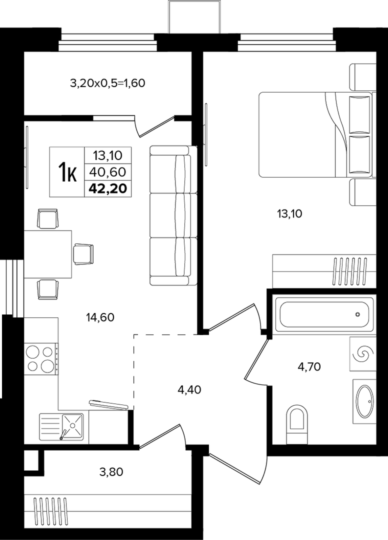 1-комнатная 42.2 м² на 2 этаже Корпуса Литер 5