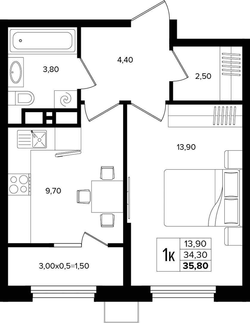 1-комнатная 35.8 м² на 4 этаже Корпуса Литер 1