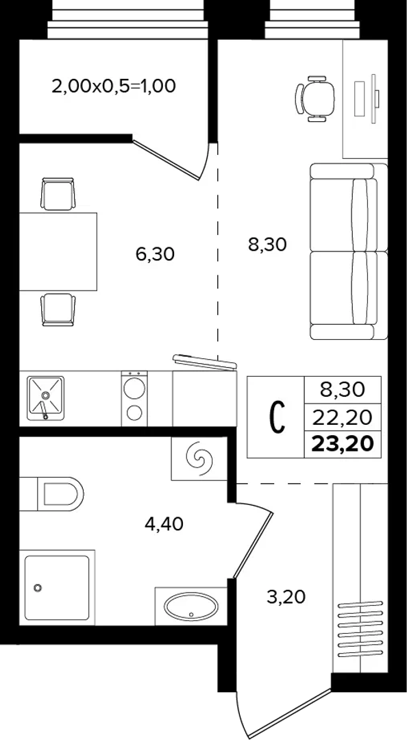Студия 23.2 м² на 2 этаже Корпуса Литер 1