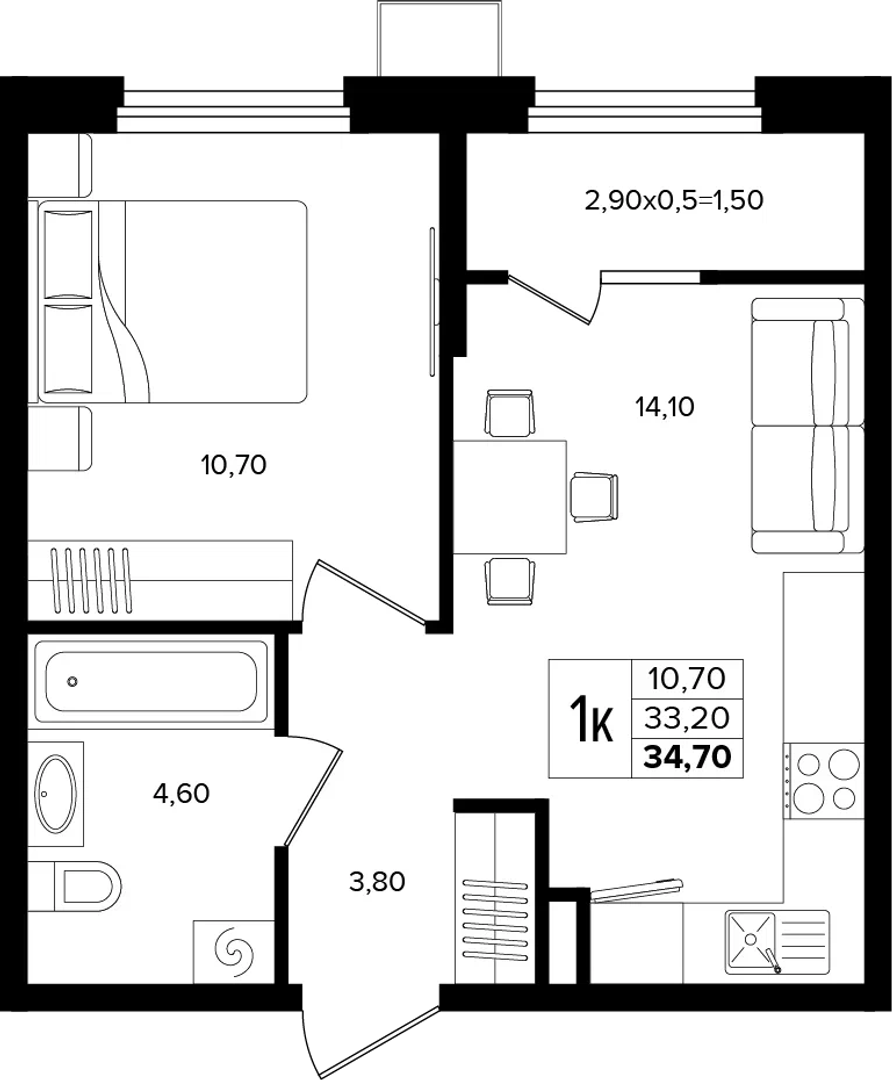 1-комнатная 34.7 м² на 2 этаже Корпуса Литер 1