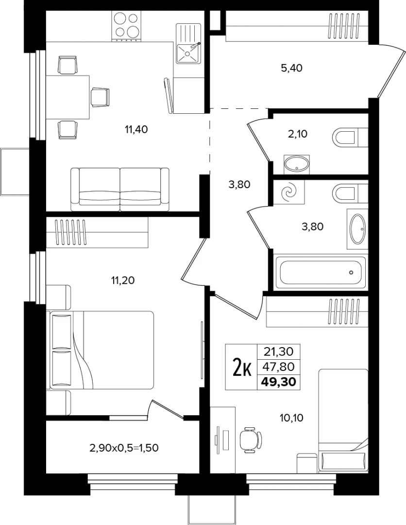 2-комнатная 49.3 м² на 2 этаже Корпуса Литер 1
