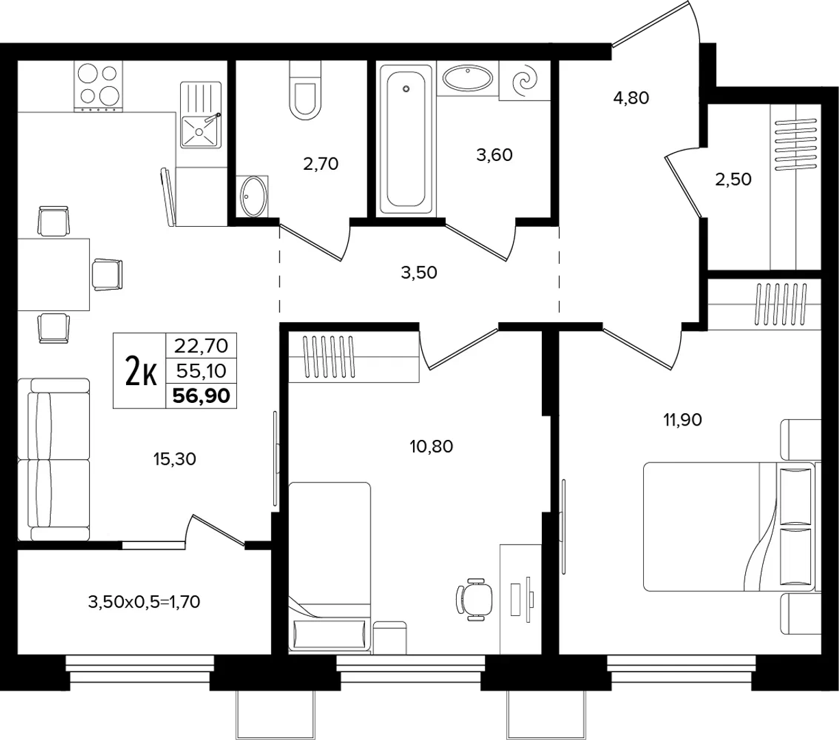 2-комнатная 56.9 м² на 2 этаже Корпуса Литер 1