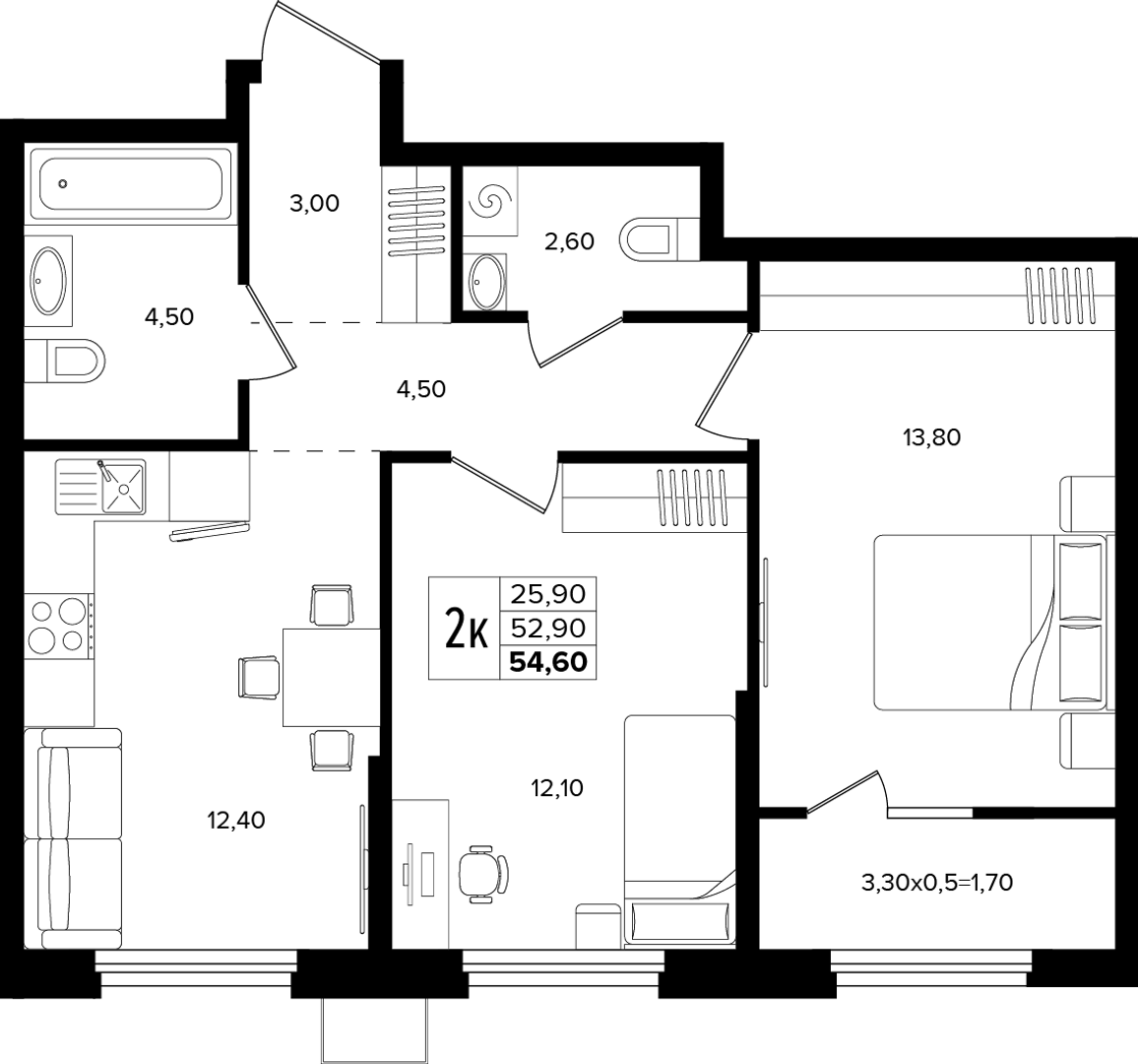 2-комнатная 54.6 м² на 2 этаже Корпуса Литер 2