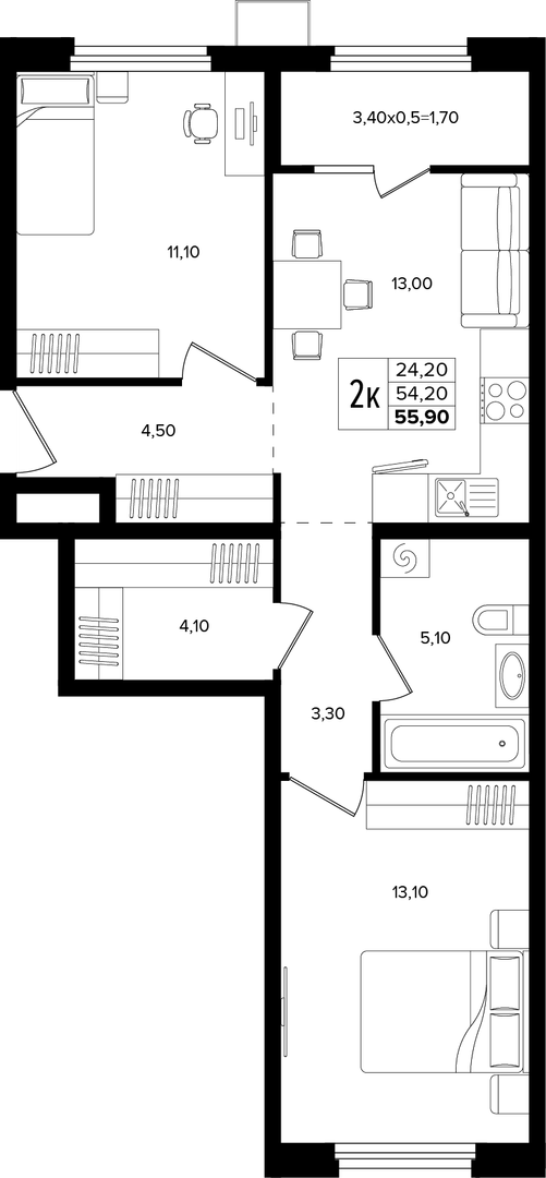 2-комнатная 55.9 м² на 2 этаже Корпуса Литер 2