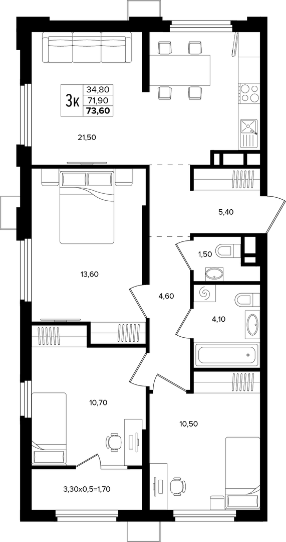 3-комнатная 73.6 м² на 12 этаже Корпуса Литер 2