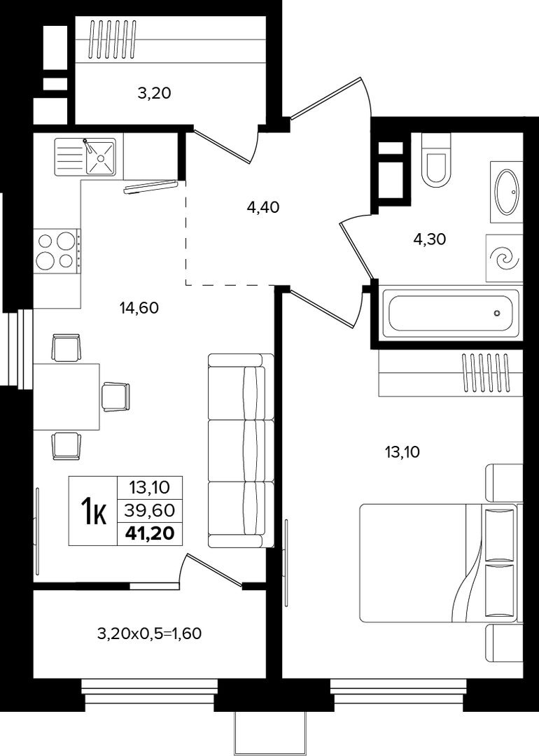 1-комнатная 41.2 м² на 6 этаже Корпуса Литер 2