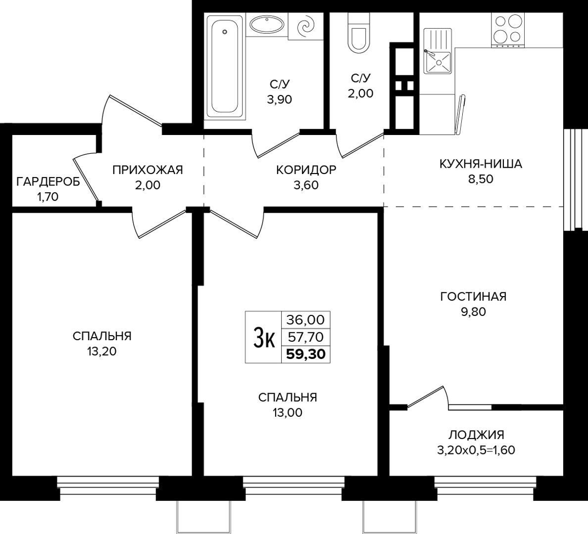 3-комнатная 59.3 м² на 5 этаже Корпуса Литер 3