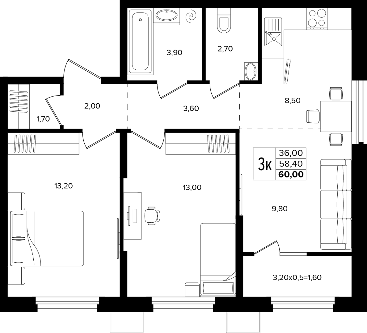 3-комнатная 60 м² на 2 этаже Корпуса Литер 3