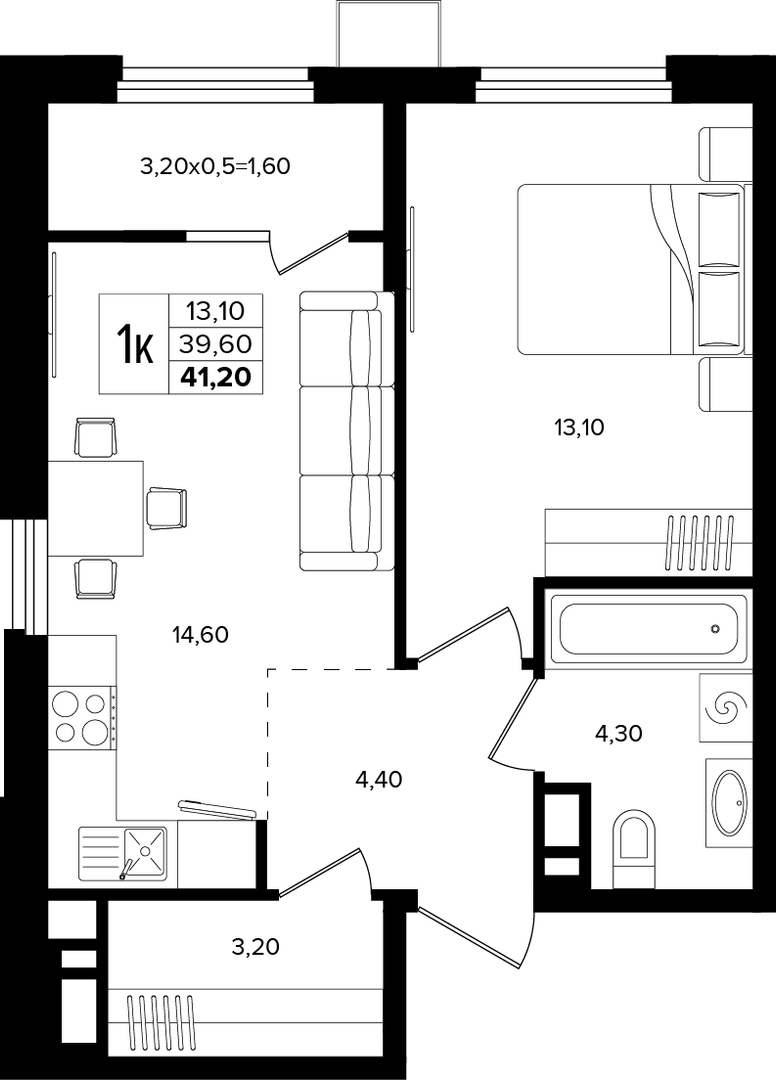 1-комнатная 41.2 м² на 4 этаже Корпуса Литер 5